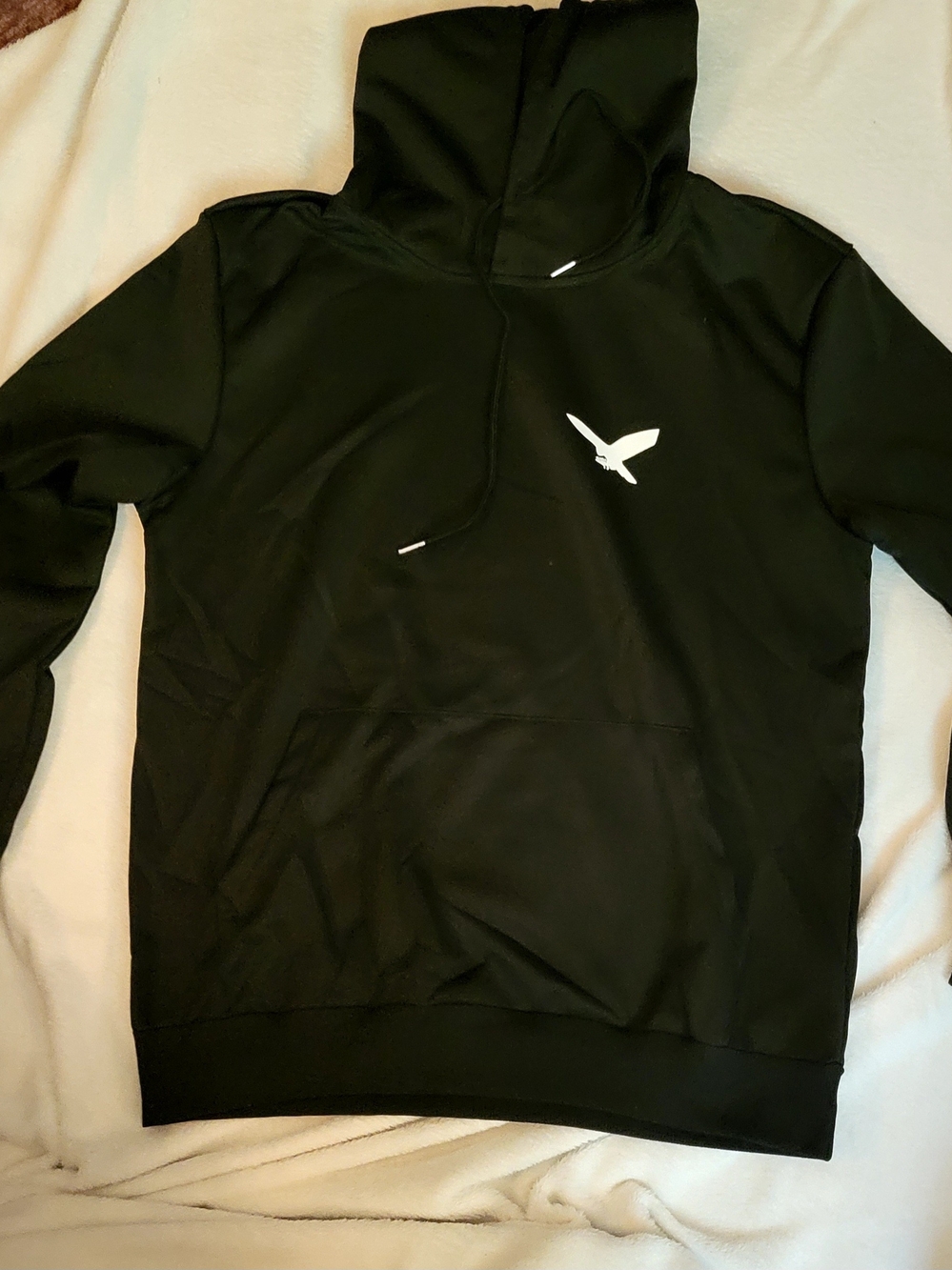 Black Pullover Hoodie with Small White Bird Emblem - Men